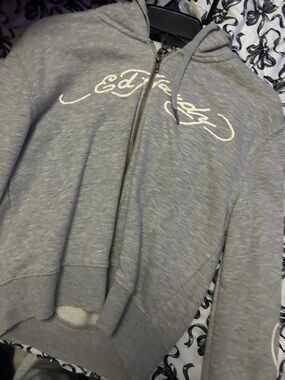 Ed Hardy Heather Gray Full-Zip Hoodie with White Script